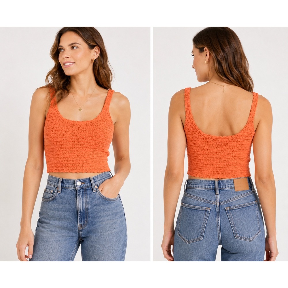 Aerie Orange Crochet Crop Tank Top 3012-814 100% Cotton Knit Scoop Neck Size M